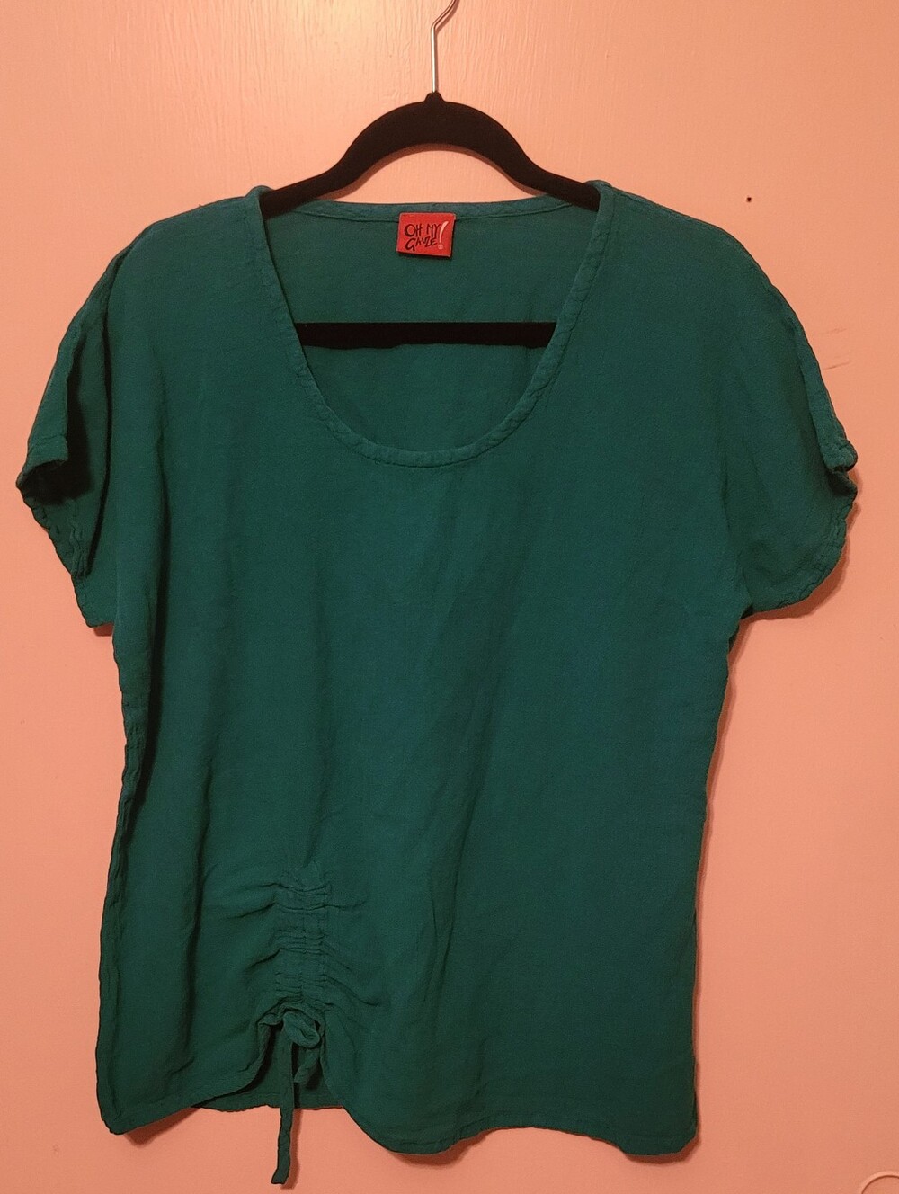 Oh My Gauze! Green Short-Sleeve Scoop Neck Top with Front Drawstring Size 2x